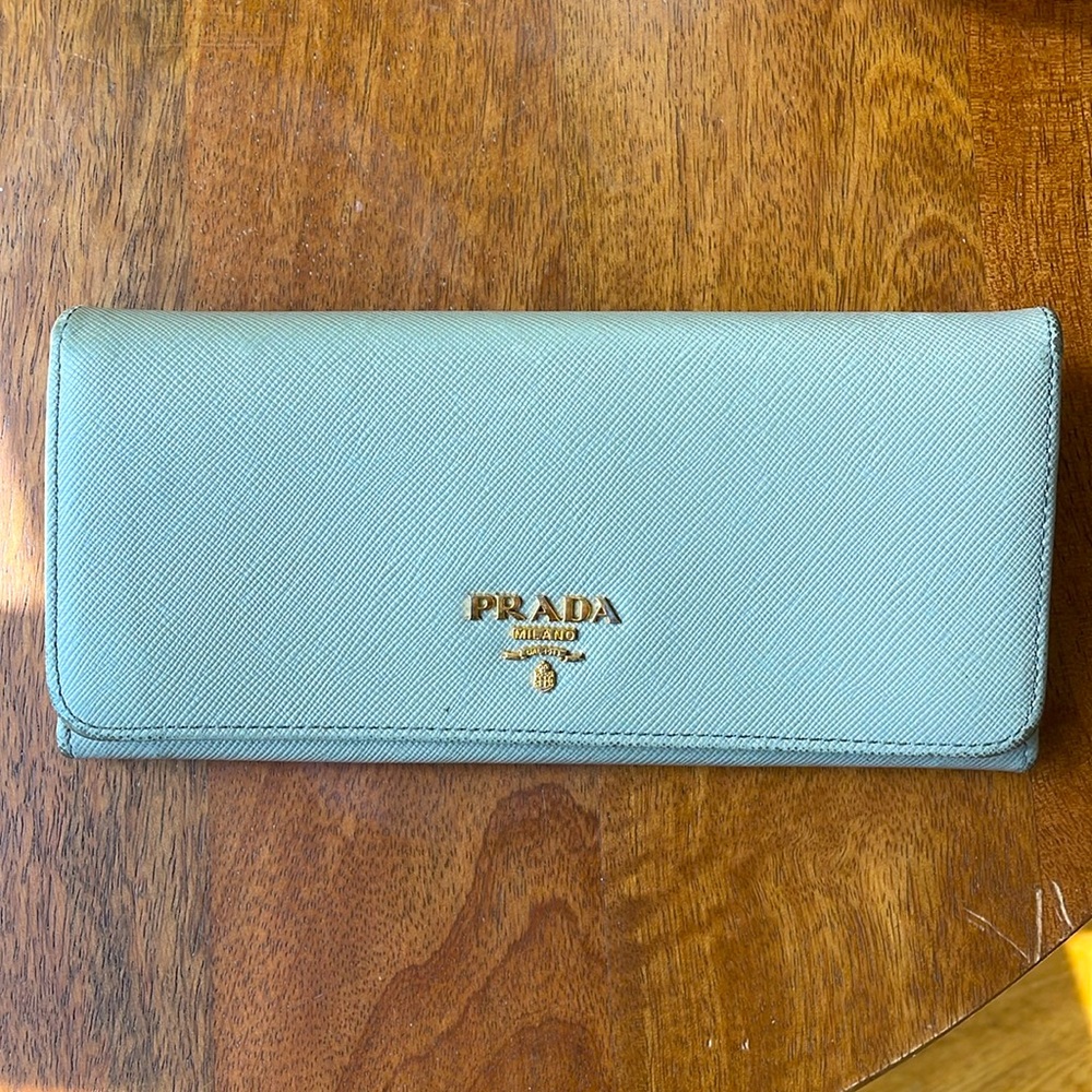 Prada large saffiano leather wallet in tan